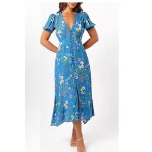 Petal Pup Blue Floral Print Midi Dress M Button Front Short Sleeve Coquette